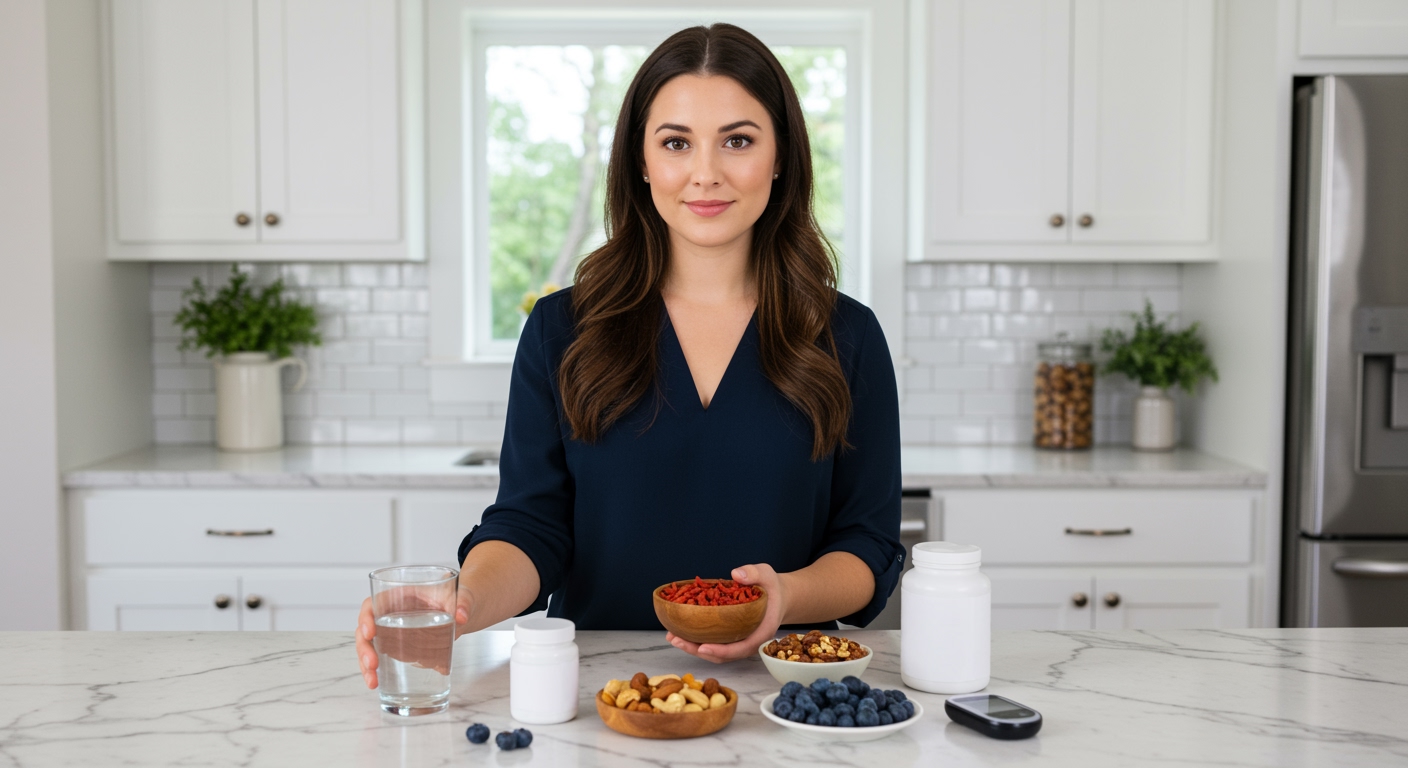 Woman holding bowl of goji berries standing behind marble counter with PCOS-friendly foods and supplements in bright kitchen