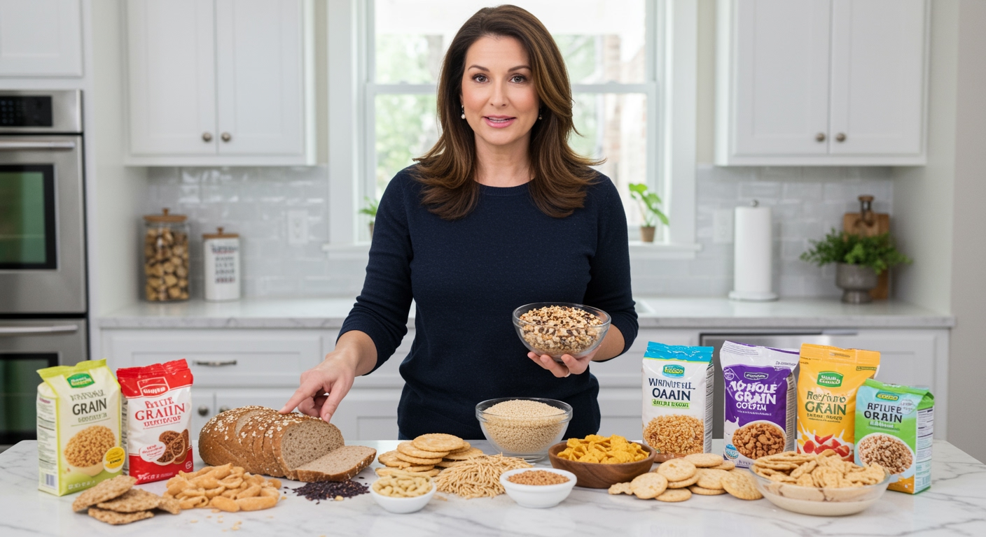 Woman holding grain bowl behind marble countertop with various whole and refined grain products arranged in modern kitchen