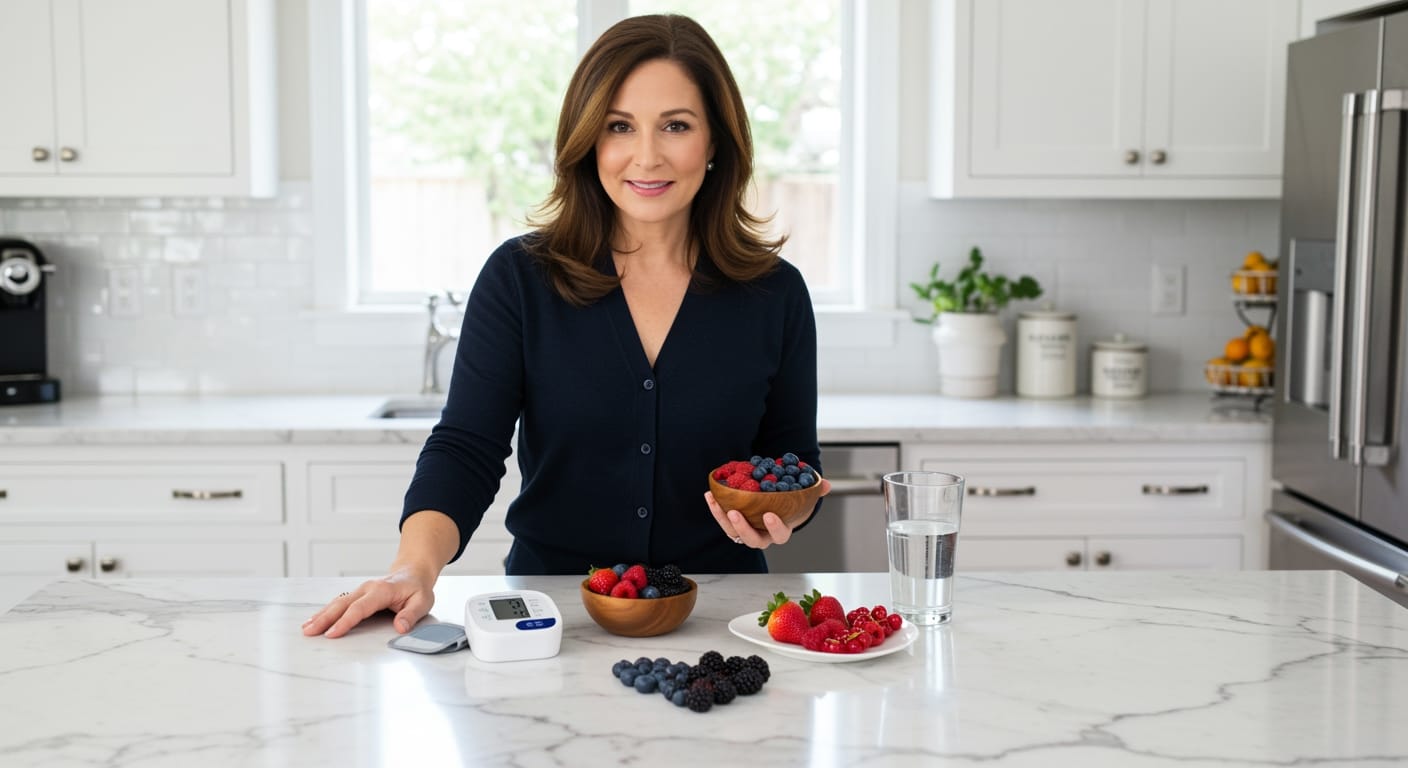 Woman holding bowl of mixed berries behind marble counter with blood pressure monitor and various berries arranged nearby