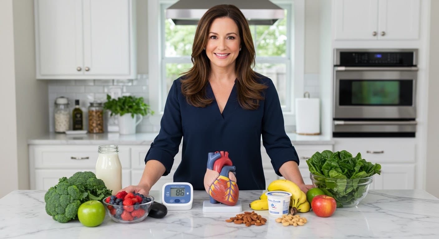 Middle-aged woman in navy blouse standing behind marble counter with heart model, blood pressure monitor, and healthy foods