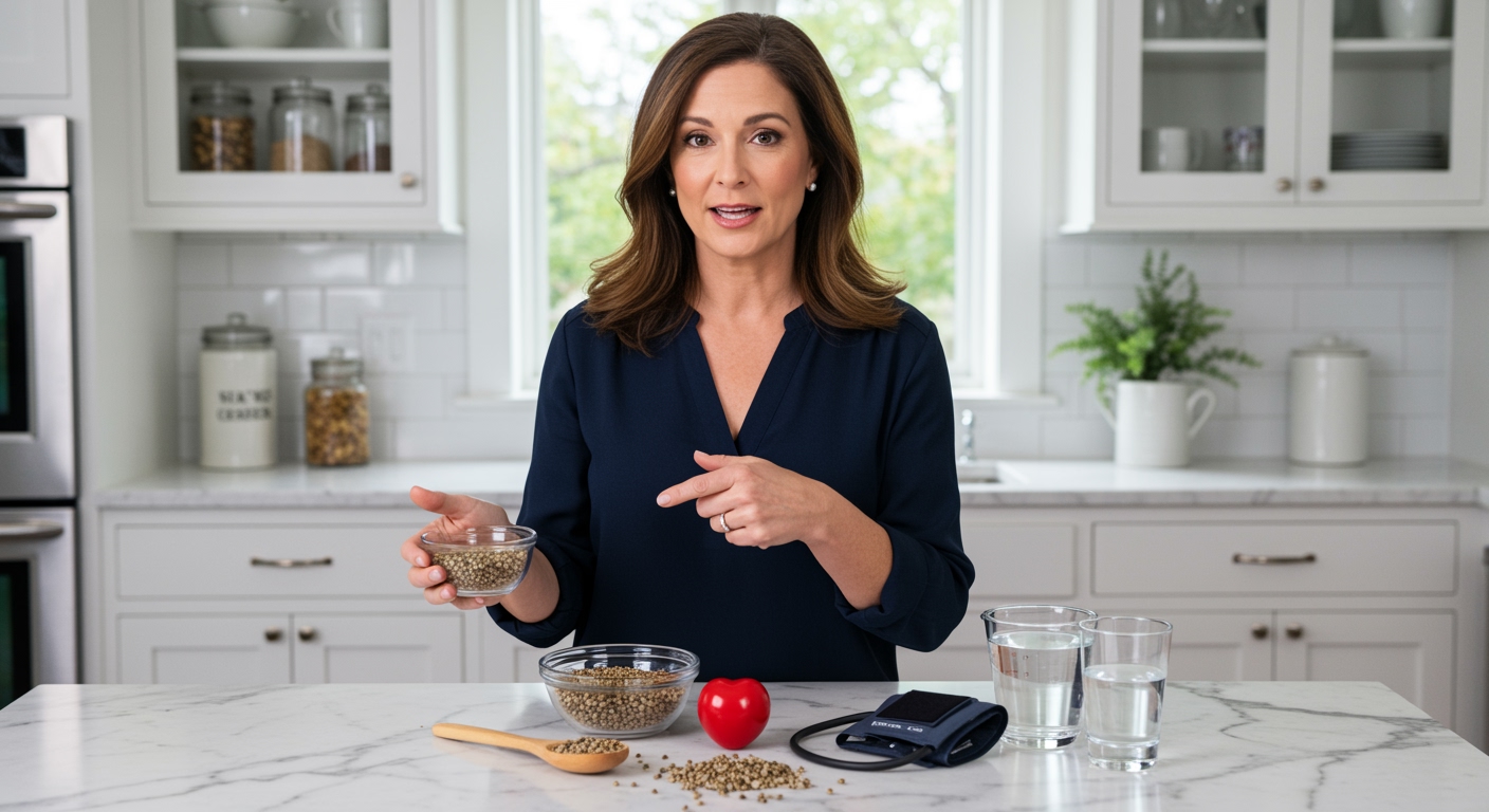 Woman holding glass bowl of hemp seeds behind marble counter with blood pressure monitor and heart symbol visible