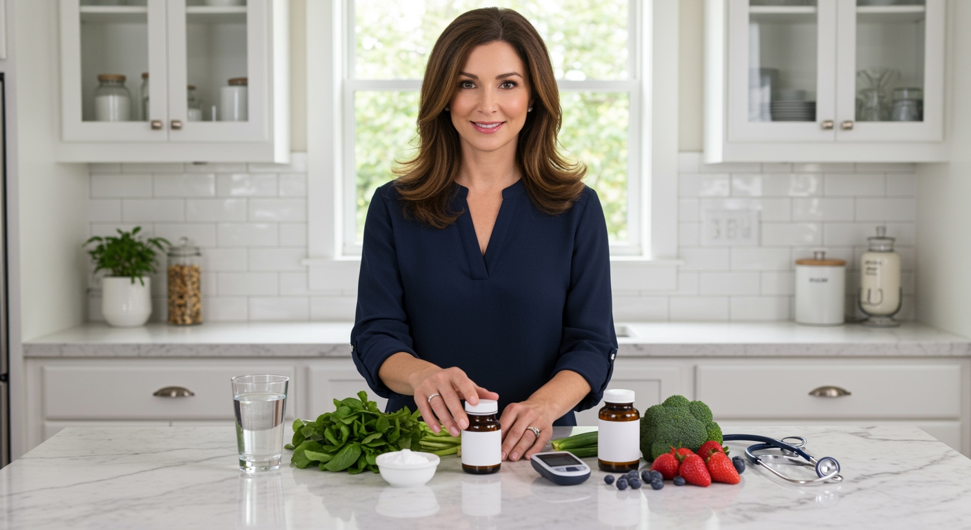Woman standing behind marble counter with inositol supplements, glucose meter, vegetables, and health items in modern kitchen