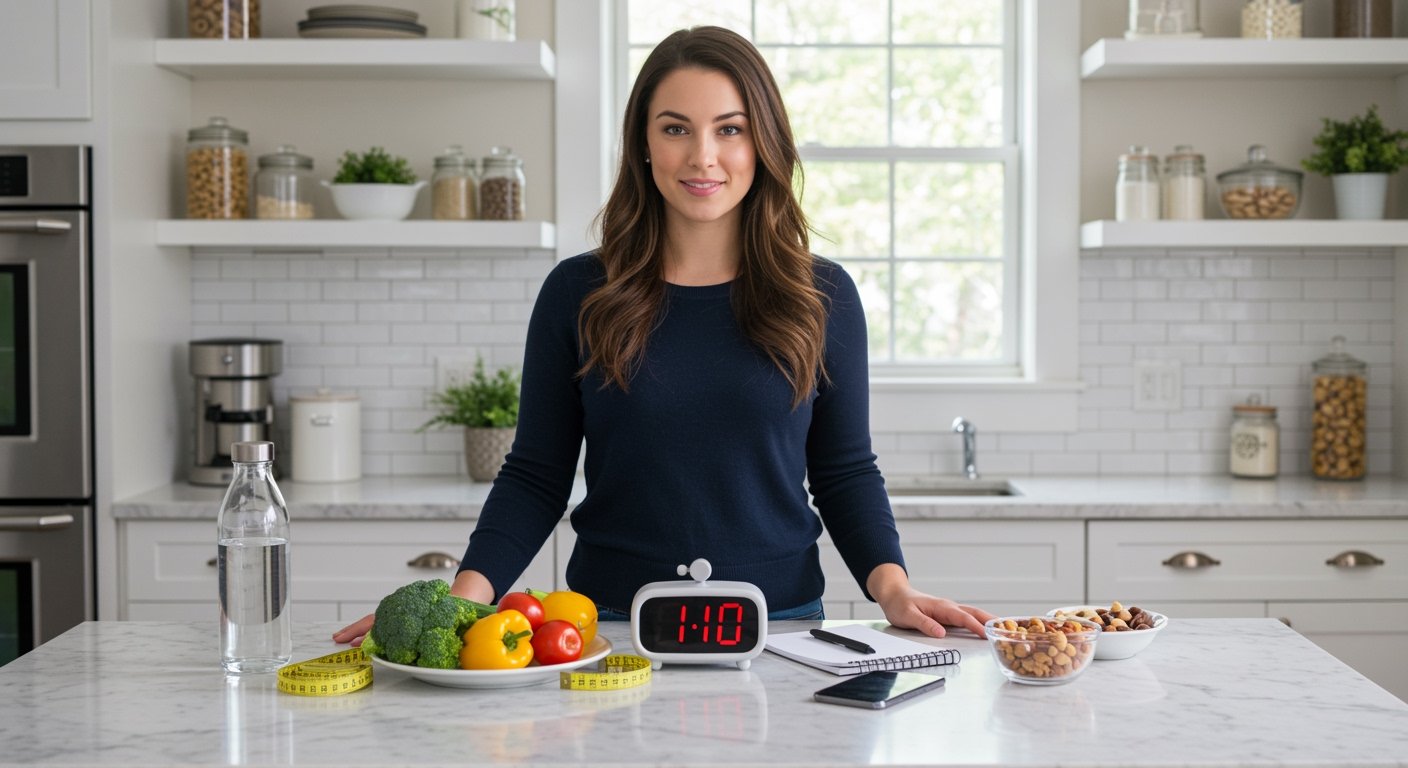 Woman standing behind marble counter with clock, healthy foods, measuring tape and water bottle in bright modern kitchen