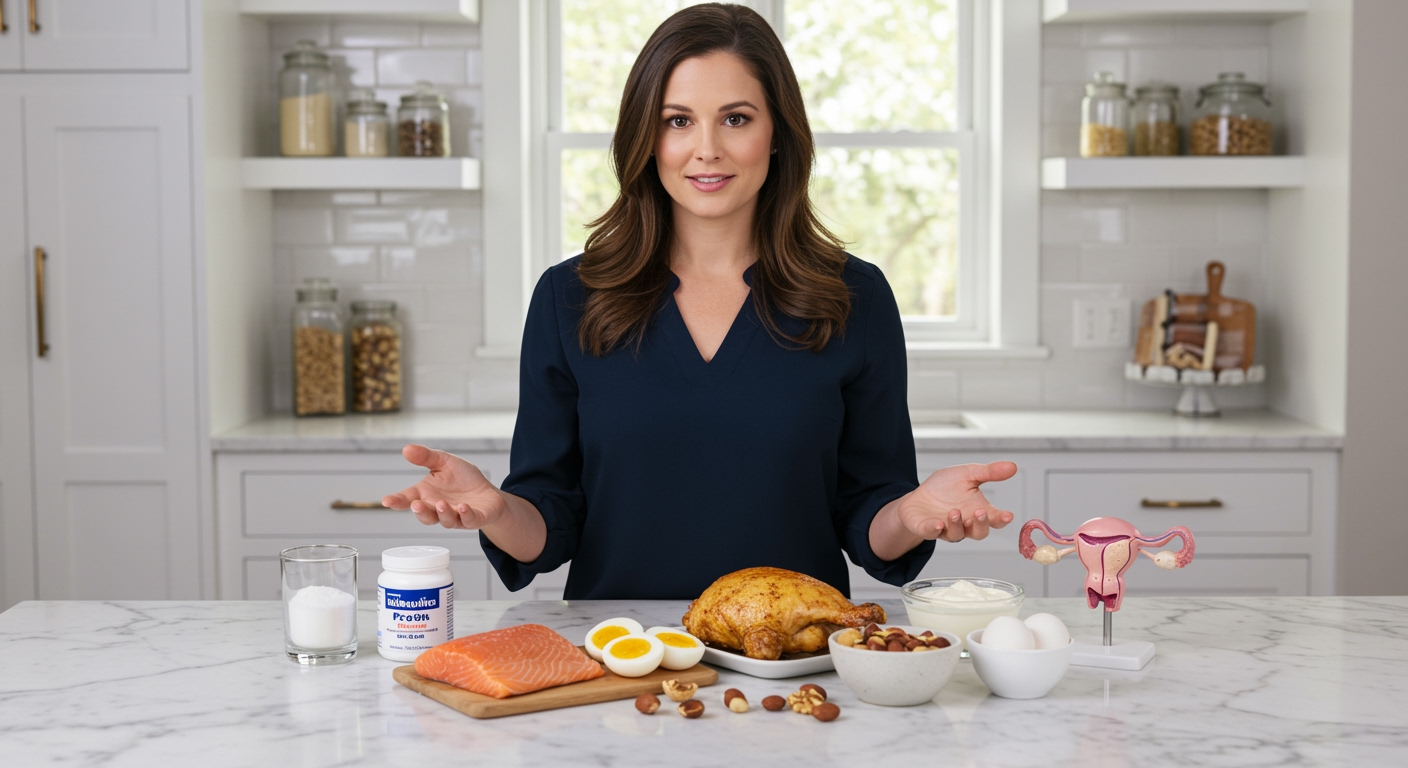 Woman standing behind marble counter with protein sources and supplement container in bright modern kitchen setting
