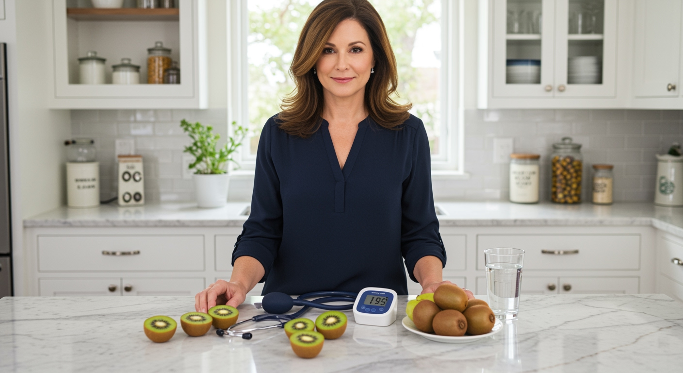 Woman holding kiwi half behind marble counter with blood pressure monitor, stethoscope, and fresh kiwi fruits arranged