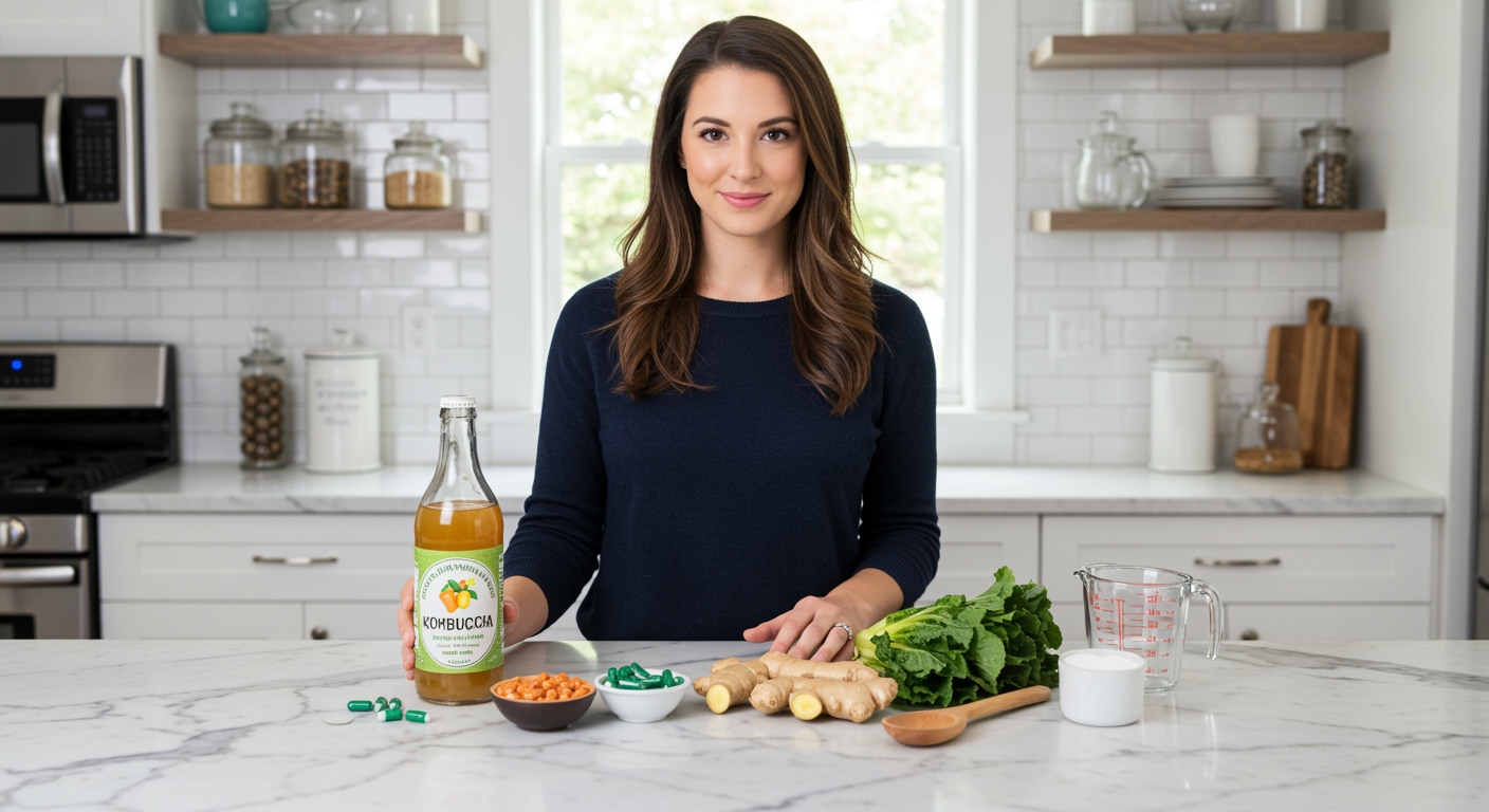 Woman standing behind marble counter with kombucha bottle, supplements, and fresh vegetables in bright modern kitchen
