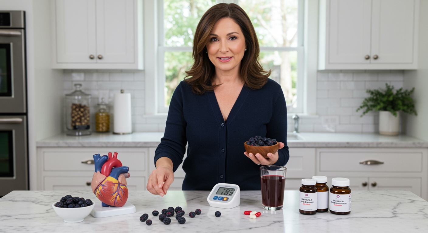 Woman holding bowl of loganberries behind marble counter with heart model, blood pressure monitor, and berry juice visible