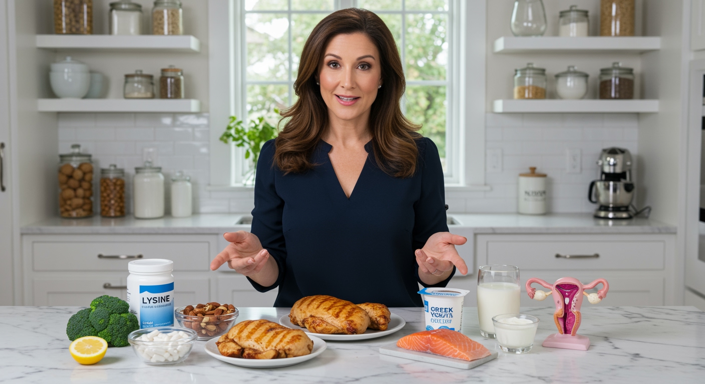 Woman pointing to lysine supplements and protein foods on marble countertop in bright modern kitchen setting