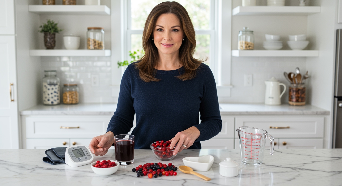 Woman holding marionberries behind kitchen counter with blood pressure monitor and heart-healthy items on marble surface