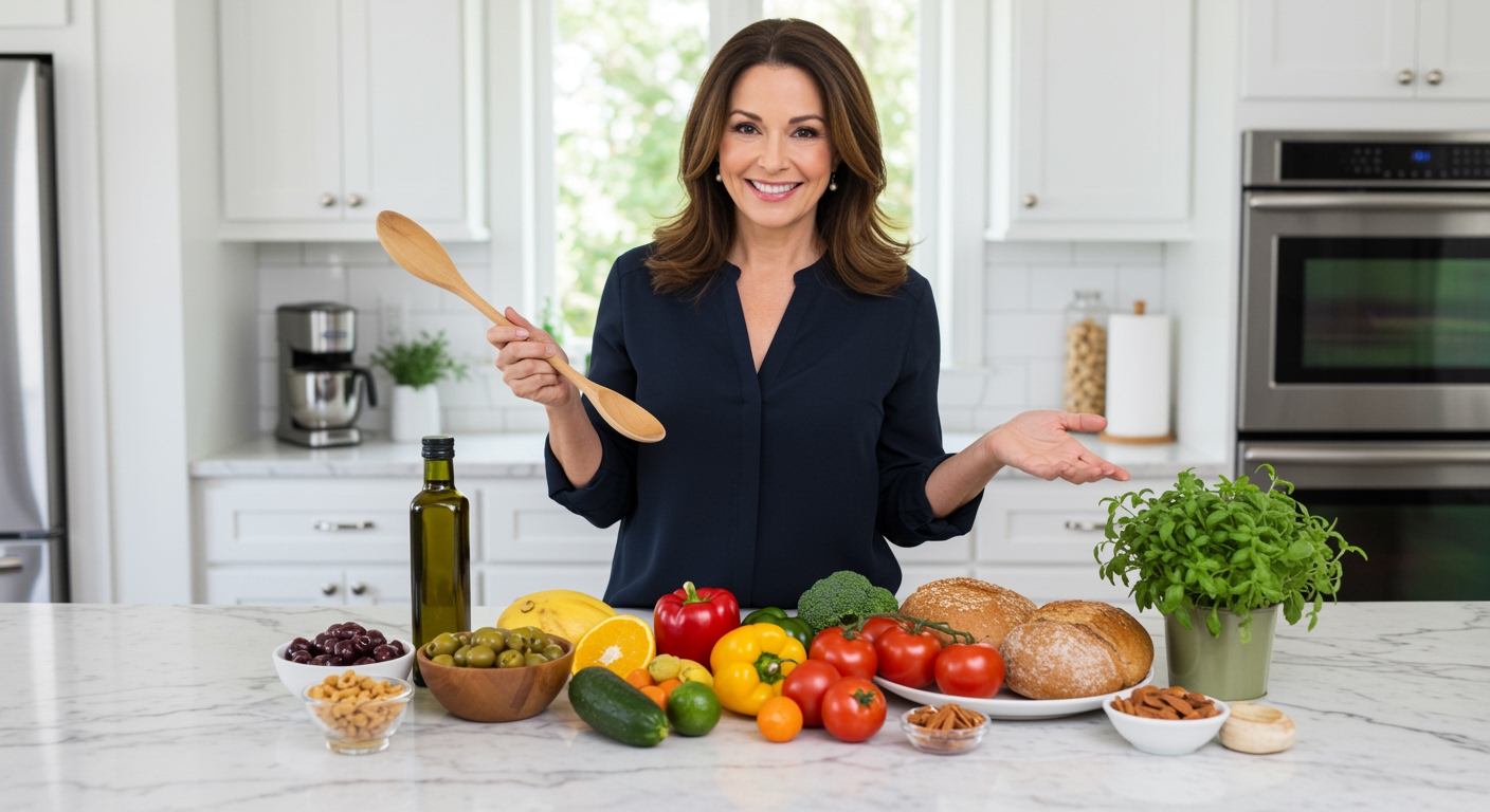 Woman standing behind marble countertop displaying Mediterranean diet foods including olives, olive oil, vegetables, and herbs