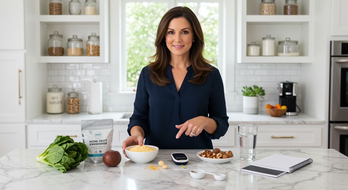 Woman holding monk fruit sweetener bowl with glucose meter and healthy foods on white marble kitchen countertop