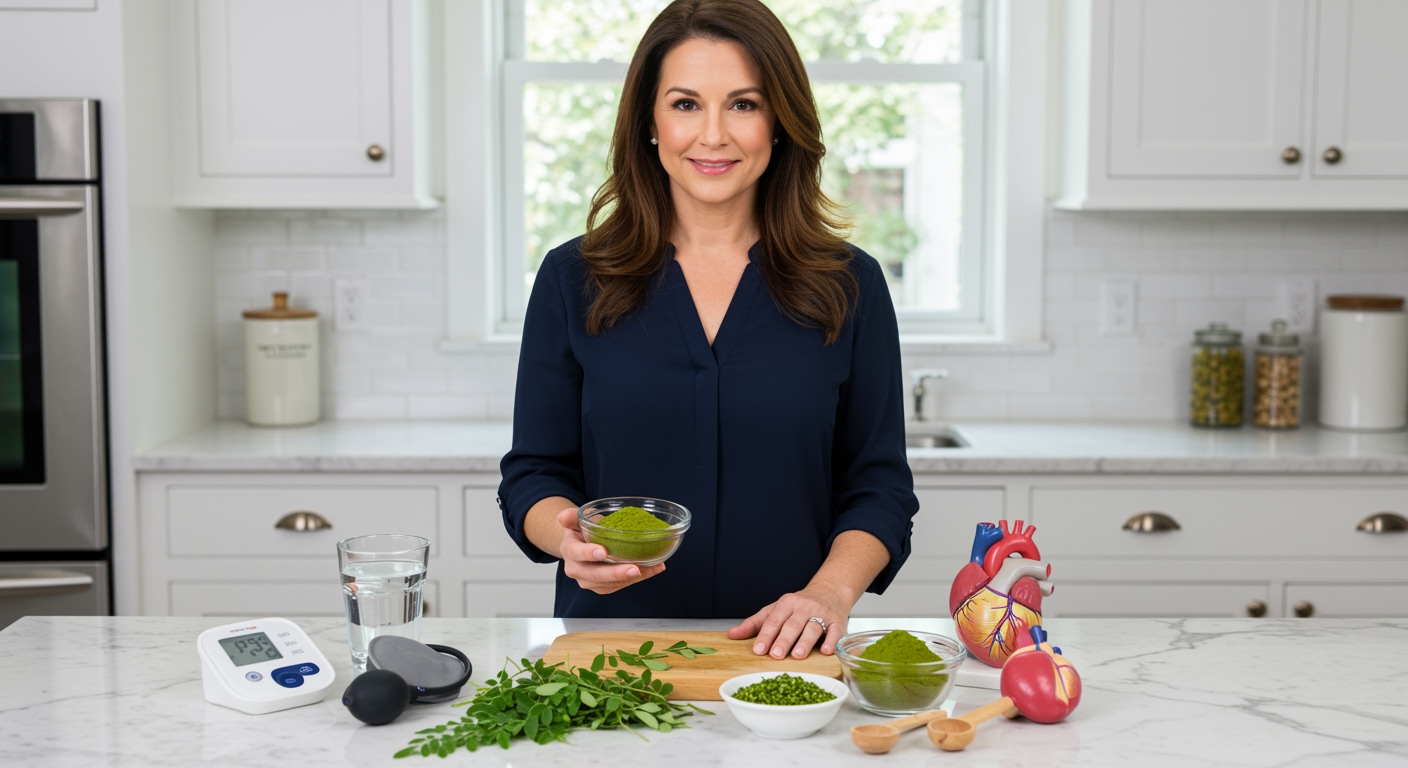 Woman holding moringa powder bowl behind kitchen counter with blood pressure monitor and heart model visible