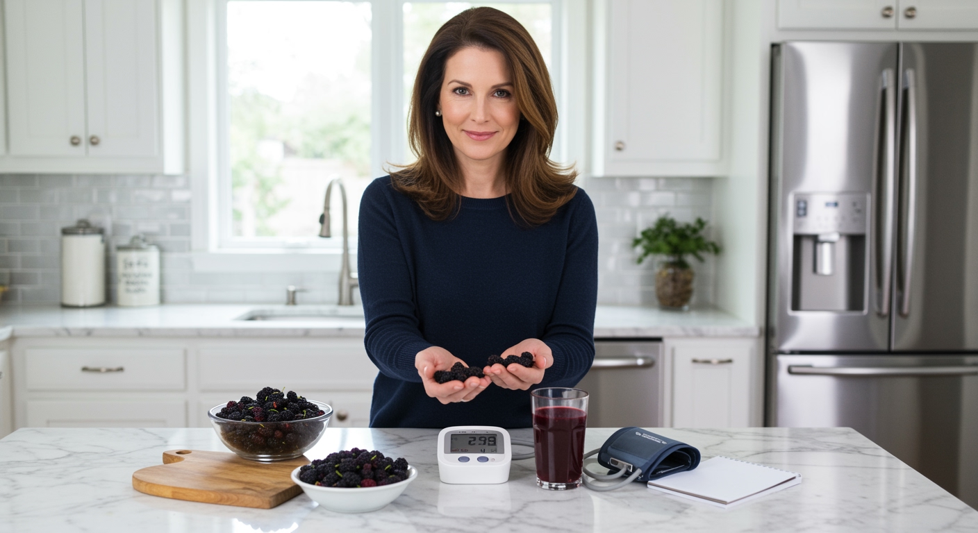 Woman holding mulberries behind marble counter with blood pressure monitor and health items in modern kitchen setting