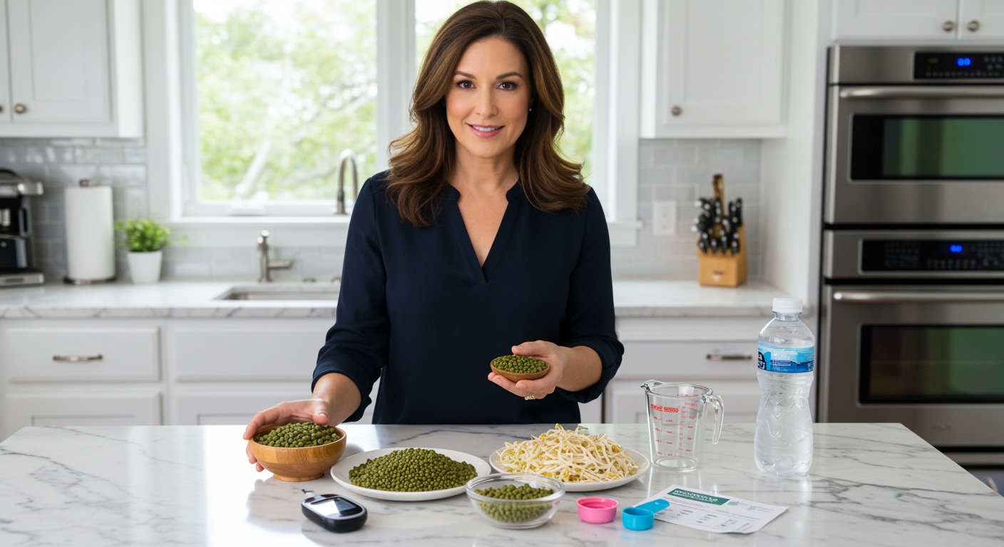 Middle-aged woman holding mung beans bowl behind marble countertop with glucose meter and diabetes management items visible