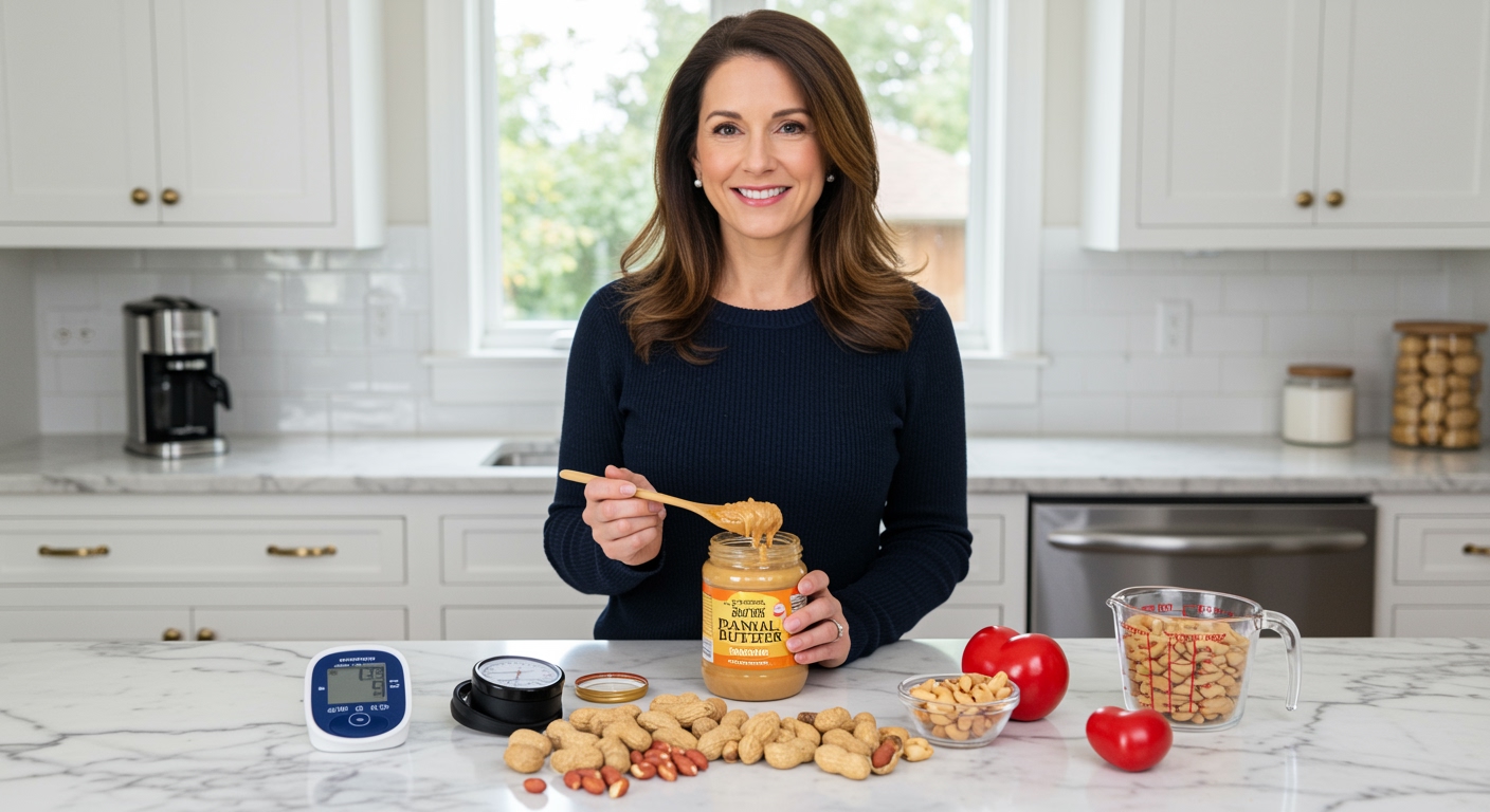 Woman holding wooden spoon standing behind marble counter with peanut butter jar, blood pressure monitor, and peanuts in kitchen