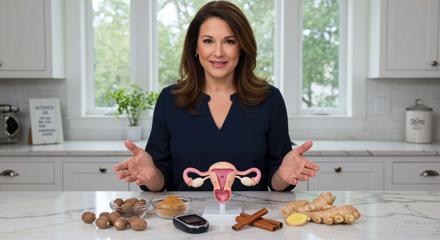 Woman standing behind marble counter with nutmeg, spices, and health-related items in bright modern kitchen setting