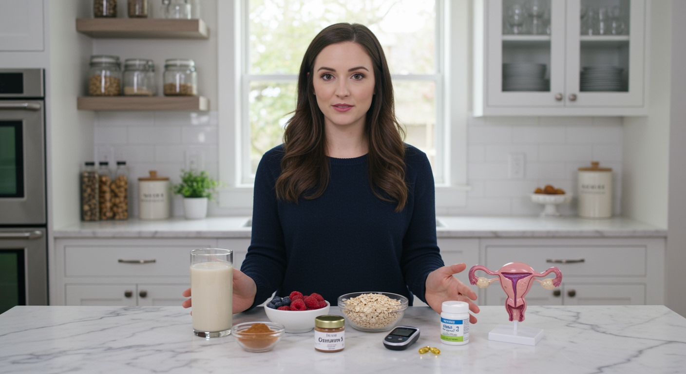 Woman standing behind marble counter with oat milk glass, oats bowl, supplements and PCOS nutrition items in bright kitchen