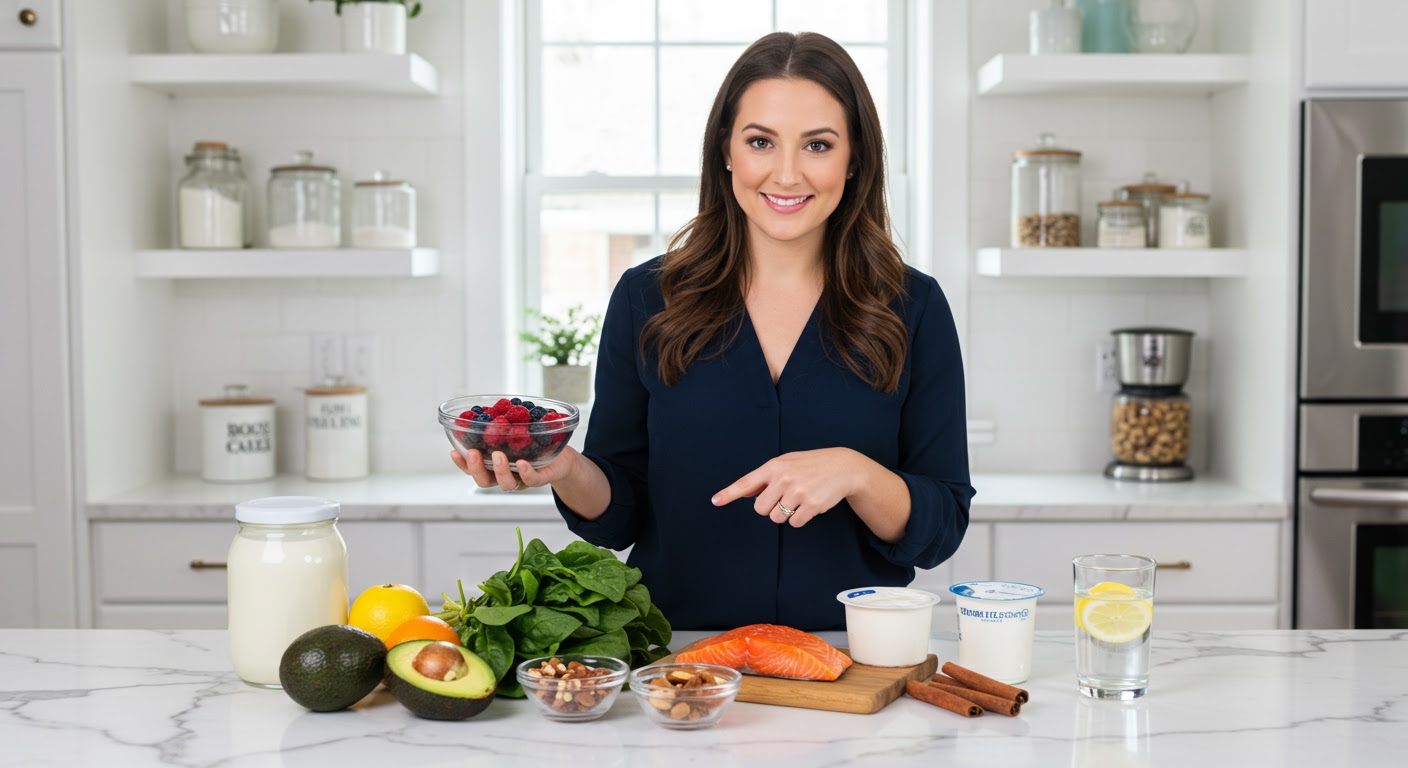 Woman in navy blouse holding berries behind marble counter with avocado, spinach, nuts, salmon, yogurt, cinnamon, and lemon water