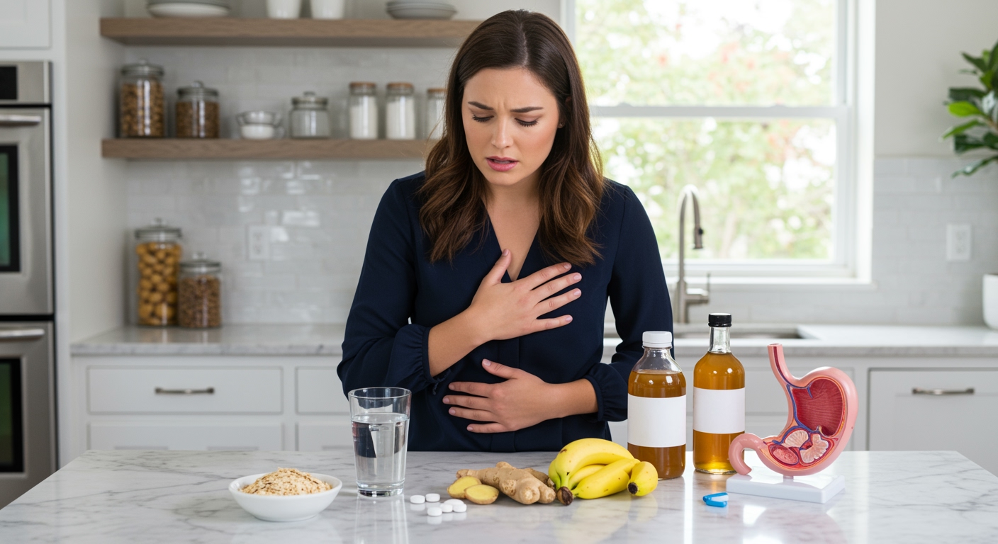 Woman touching chest and stomach showing heartburn discomfort with digestive relief foods on marble kitchen counter
