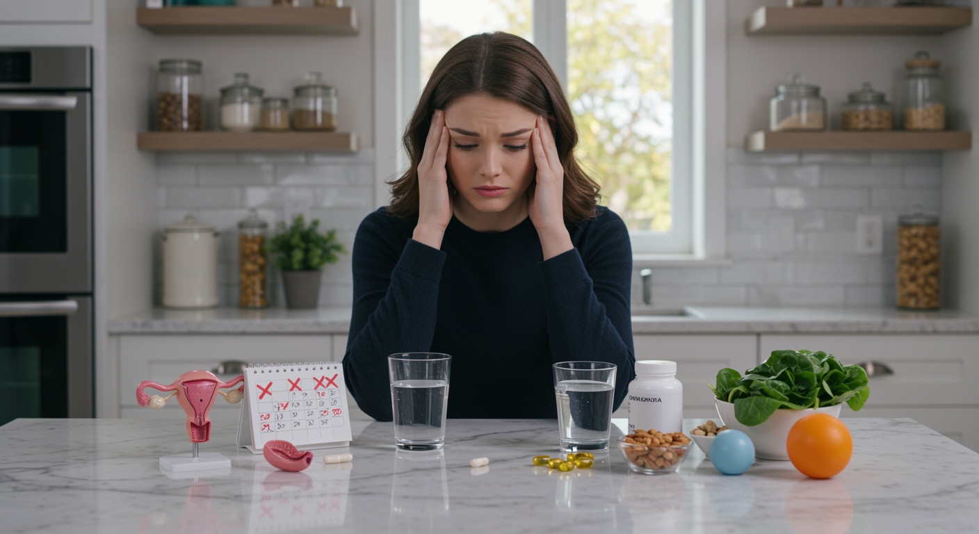 Woman touching temples showing discomfort with PCOS-related items including ovary model and supplements on marble countertop