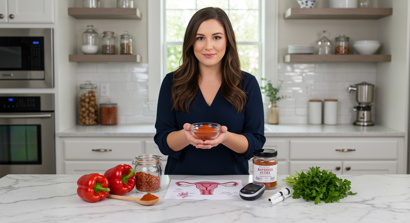 Woman holding paprika powder bowl with bell peppers and health items on marble counter in bright modern kitchen