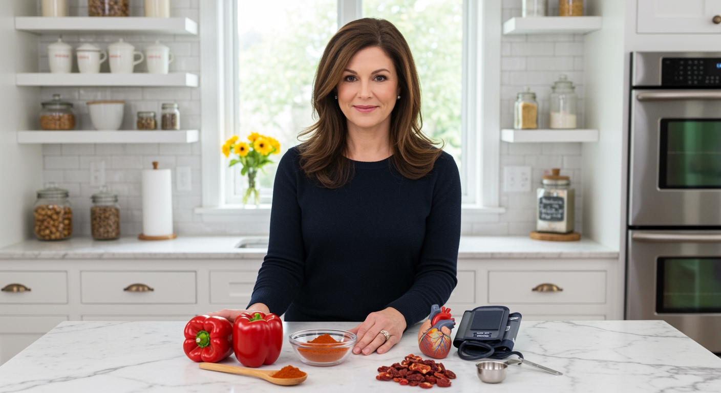 Middle-aged woman holding paprika bowl behind marble counter with blood pressure monitor and red peppers in modern kitchen