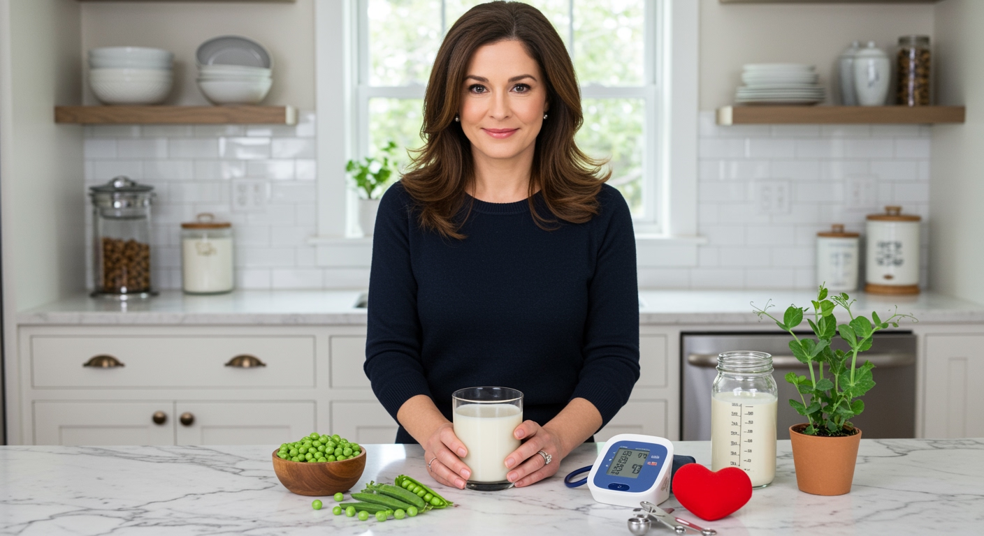 Woman holding glass of pea milk with blood pressure monitor and fresh peas on white marble kitchen counter