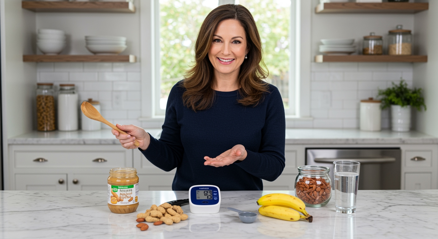 Woman standing behind marble counter with peanut butter jar, blood pressure monitor, and healthy foods in bright kitchen