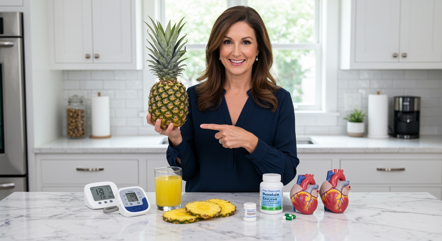 Woman holding pineapple behind kitchen counter with blood pressure monitor and health supplements arranged on marble surface