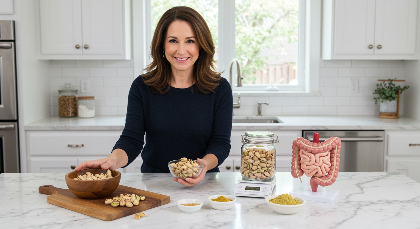 Woman holding bowl of pistachios behind marble counter with gut health items and kitchen scale in modern kitchen setting