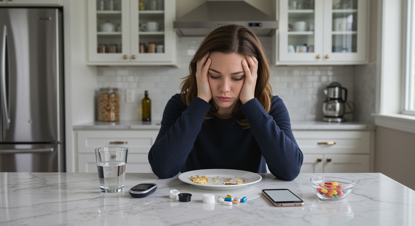 Tired woman resting head in hands at kitchen counter with empty plate and health monitoring items visible