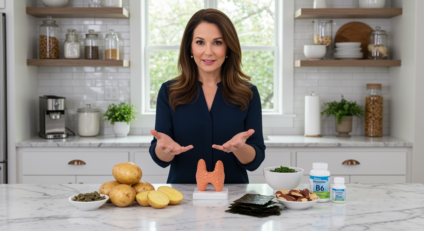 Woman holding potato while gesturing toward thyroid model with various nutrient-rich foods arranged on white marble countertop