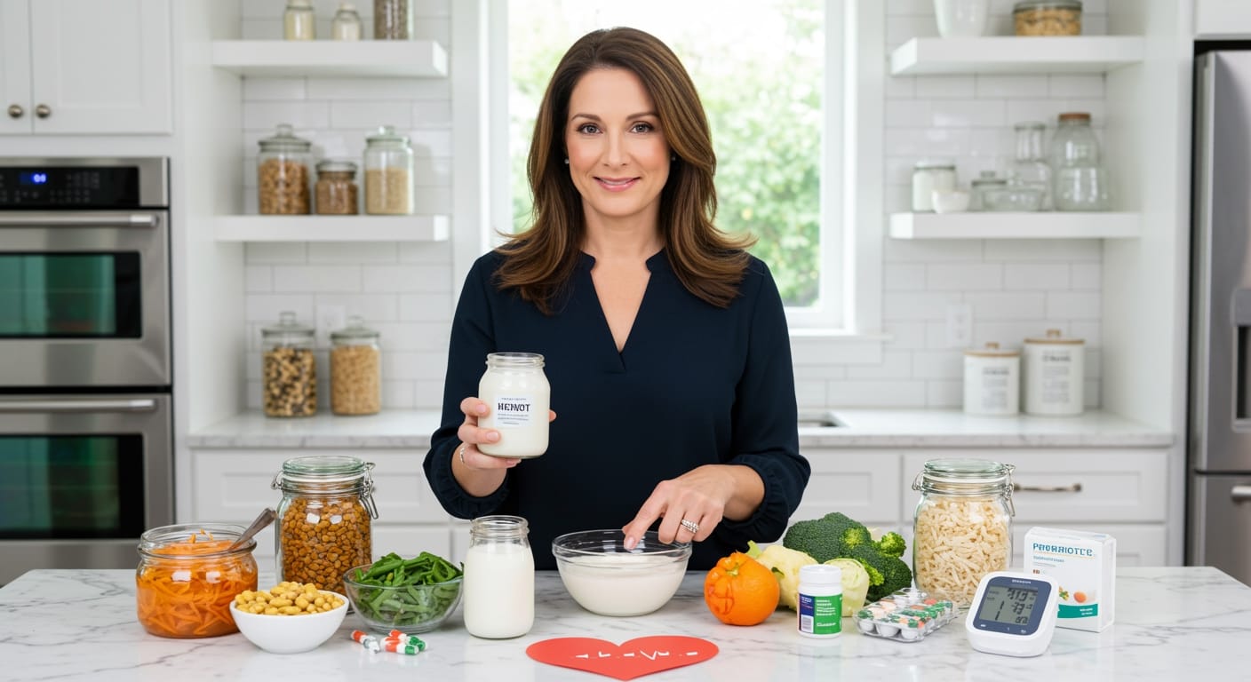 Woman holding yogurt jar behind marble counter with probiotic foods, blood pressure monitor, and heart symbol in modern kitchen