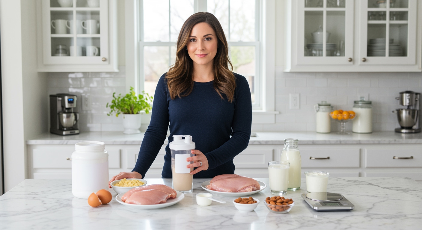 Woman holding protein shaker behind marble counter with protein powder, eggs, milk, chicken, yogurt, almonds and scale visible