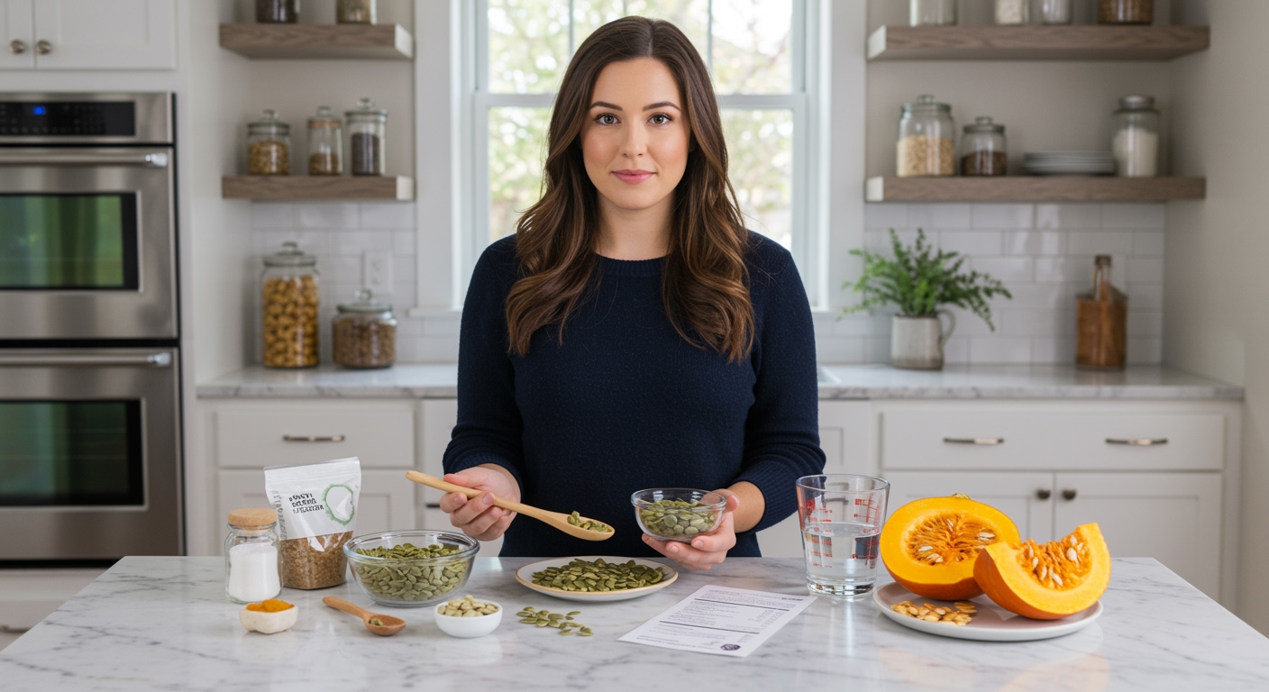 Woman holding glass bowl of pumpkin seeds on marble countertop with nutrition items and cut pumpkin in bright modern kitchen