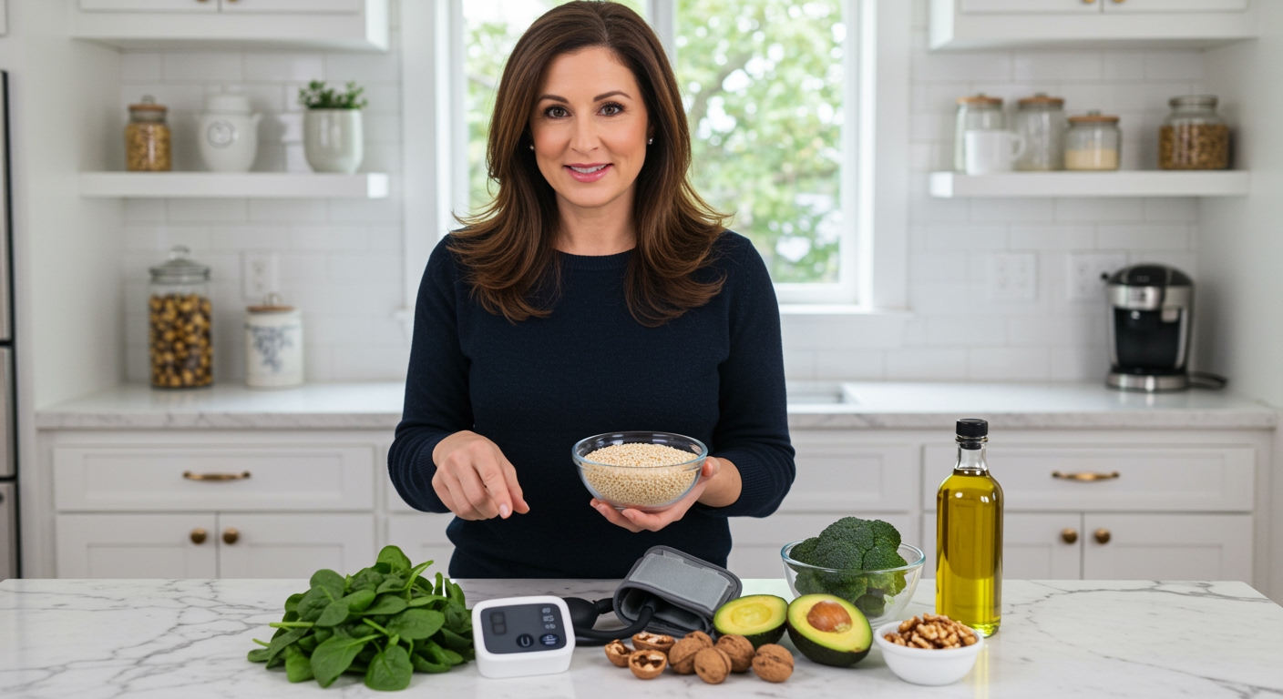 Woman holding quinoa bowl behind marble counter with blood pressure monitor, spinach, avocado, and walnuts in modern kitchen