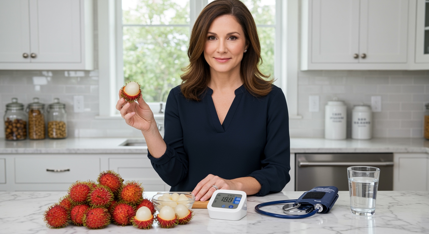 Woman holding rambutan fruit behind marble counter with blood pressure monitor and medical equipment in modern kitchen