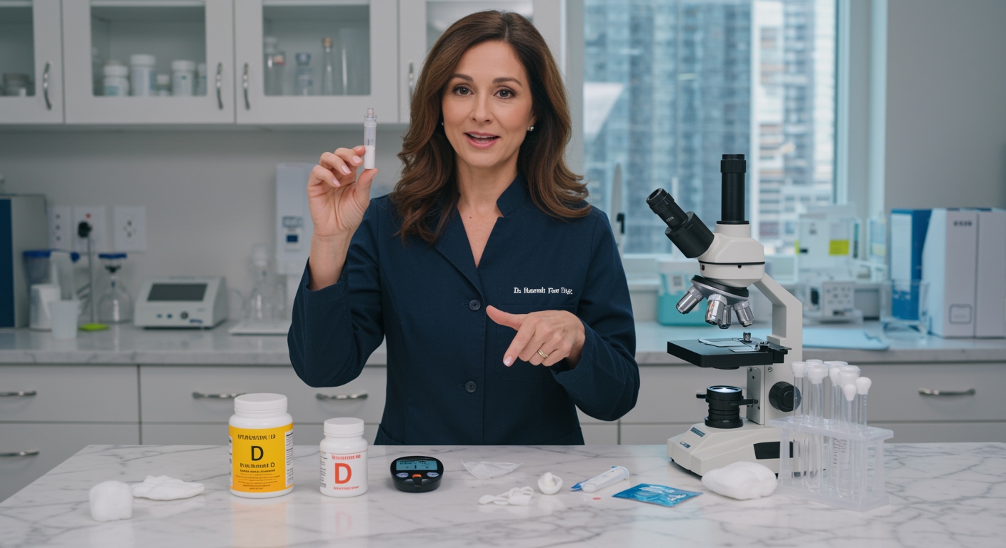 Female researcher in medical coat holding saliva sample vial with glucose meter and testing equipment on marble countertop
