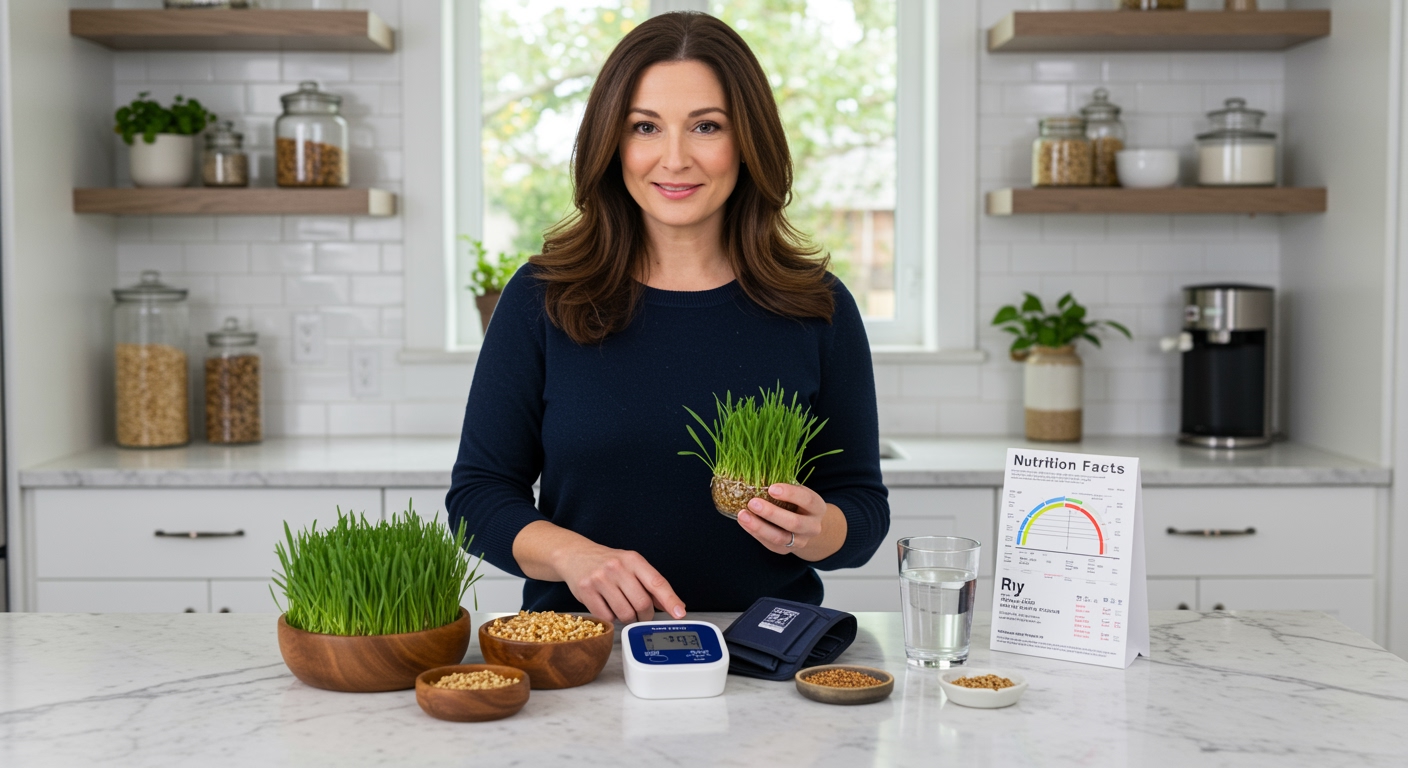 Woman holding jar of rye sprouts behind marble counter with blood pressure monitor and sprouted grains in modern kitchen
