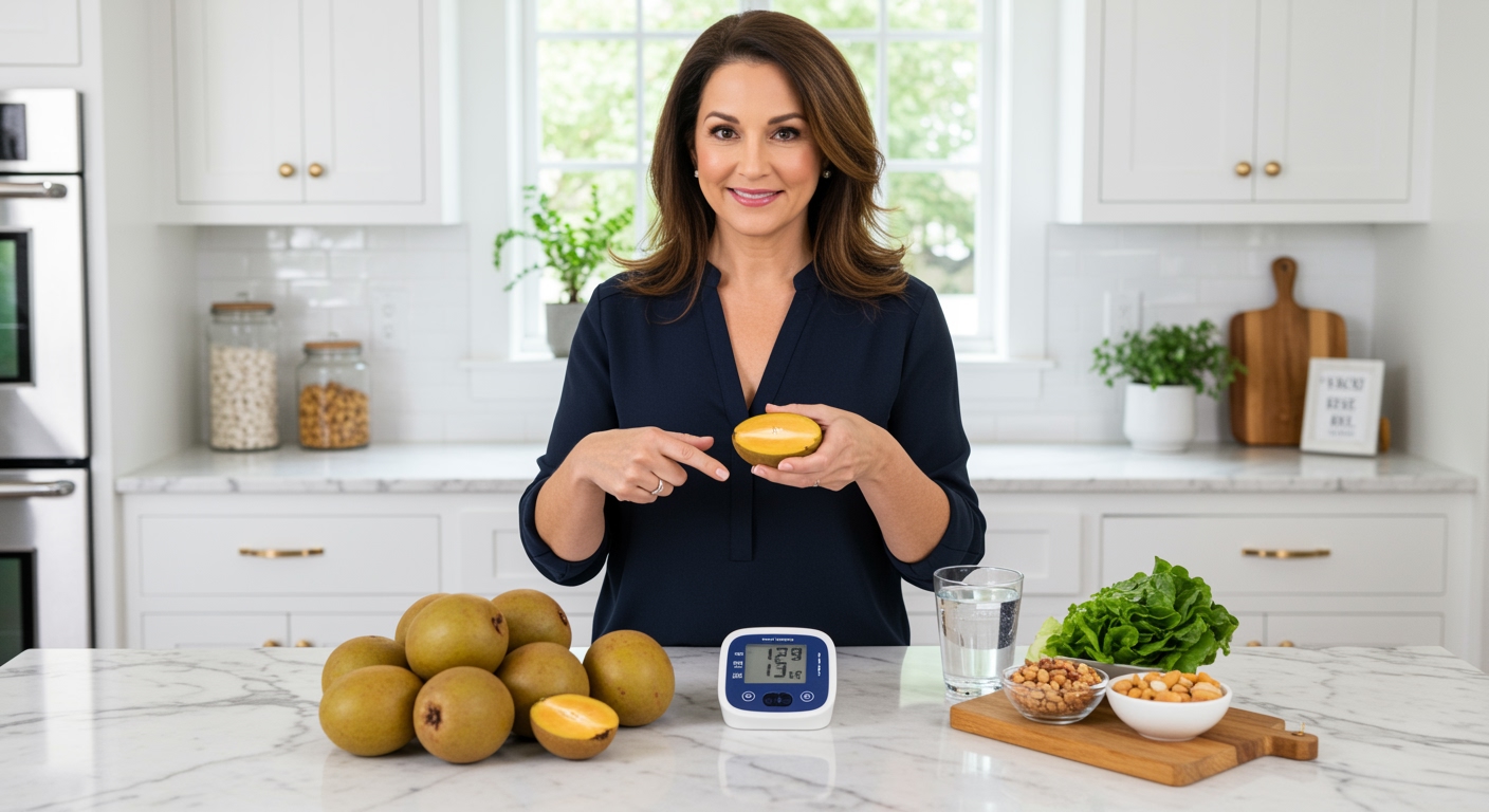 Woman holding halved sapodilla fruit behind marble counter with blood pressure monitor and healthy foods in modern kitchen
