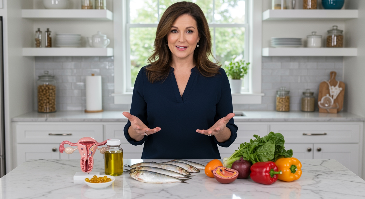 Woman gesturing toward fresh sardines and supplements on white marble counter in bright modern kitchen setting