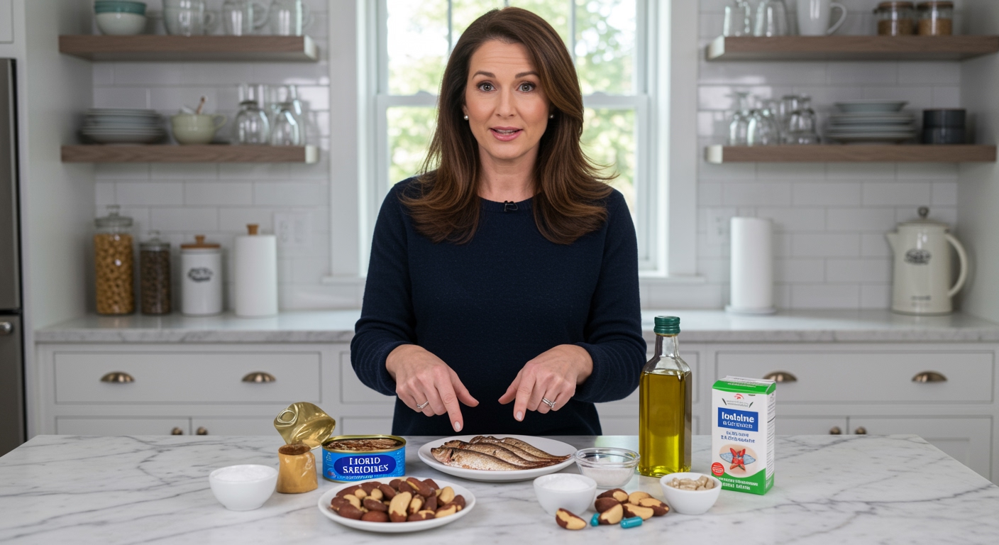 Woman pointing to sardines and thyroid health foods including sea salt, olive oil, and supplements on marble kitchen counter