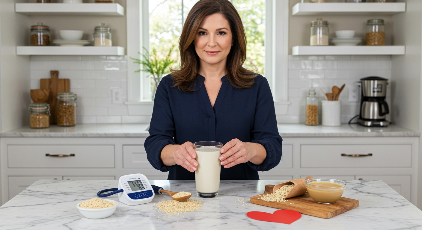 Woman holding glass of sesame milk with blood pressure monitor and sesame seeds on white marble kitchen counter