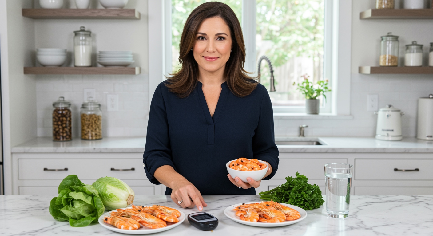 Woman holding bowl of cooked shrimp behind marble countertop with blood glucose meter and fresh vegetables in modern kitchen