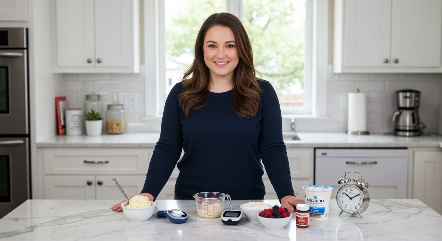 Woman standing behind marble counter with ice cream bowl, measuring tools, glucose meter, berries, yogurt, and timing items in bright kitchen