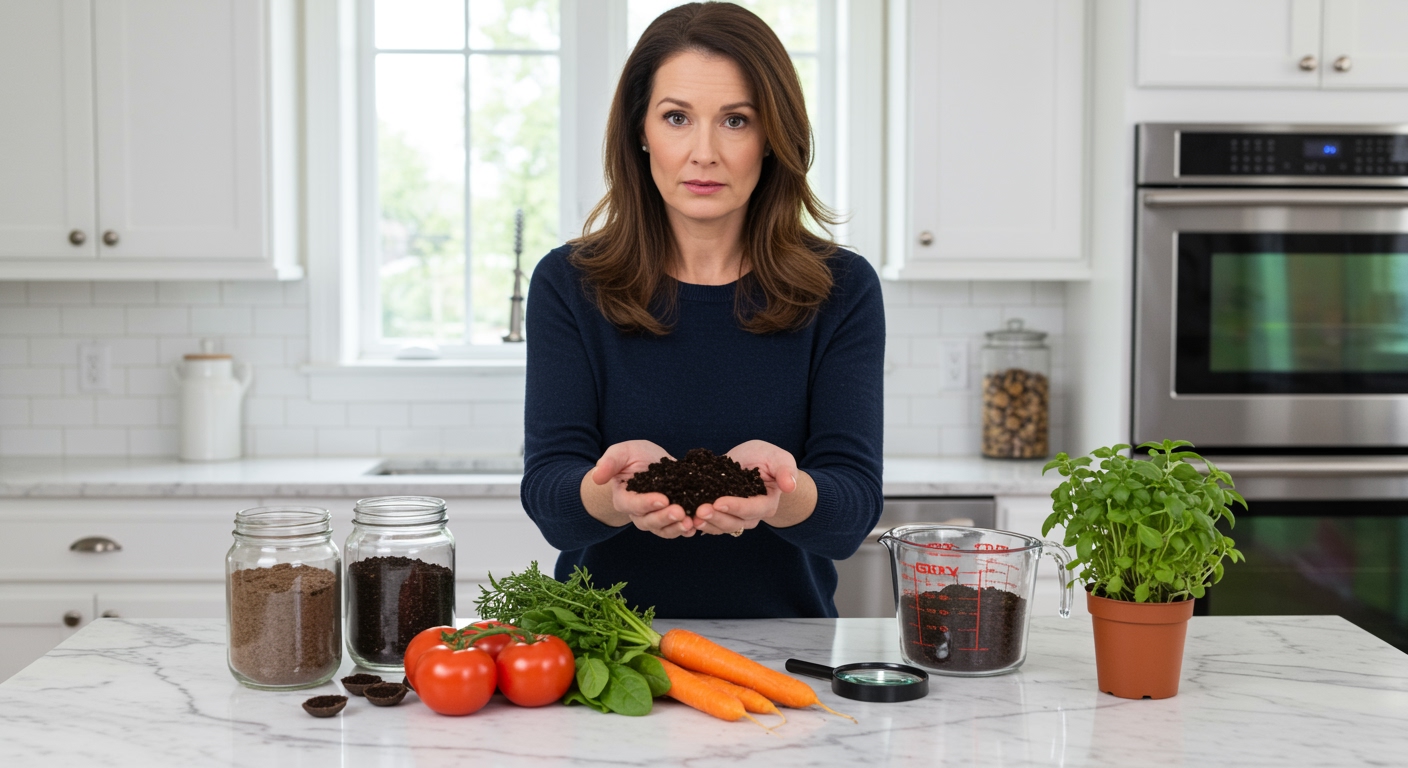 Woman holding dark soil in cupped hands with vegetables and soil samples arranged on white marble kitchen counter