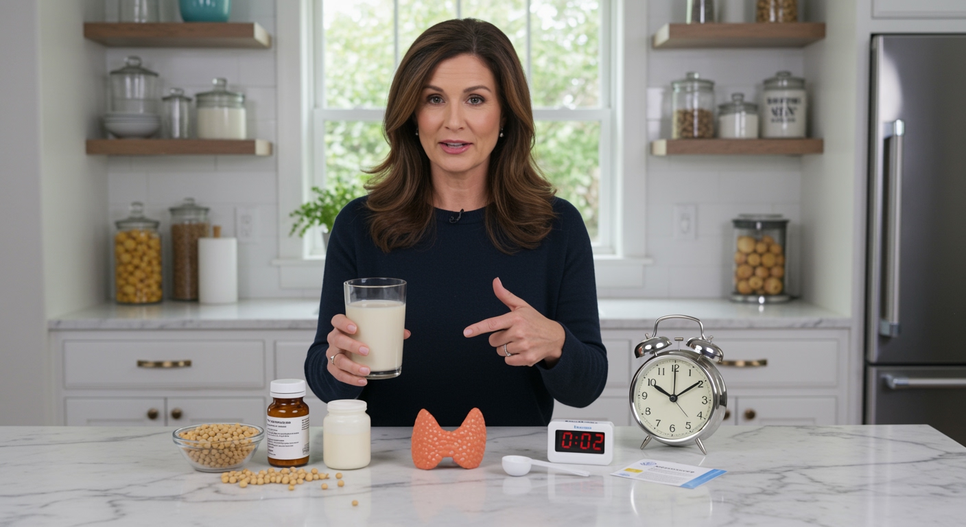Woman holding soy milk glass while pointing to clock with thyroid medication and soybeans on marble countertop in kitchen