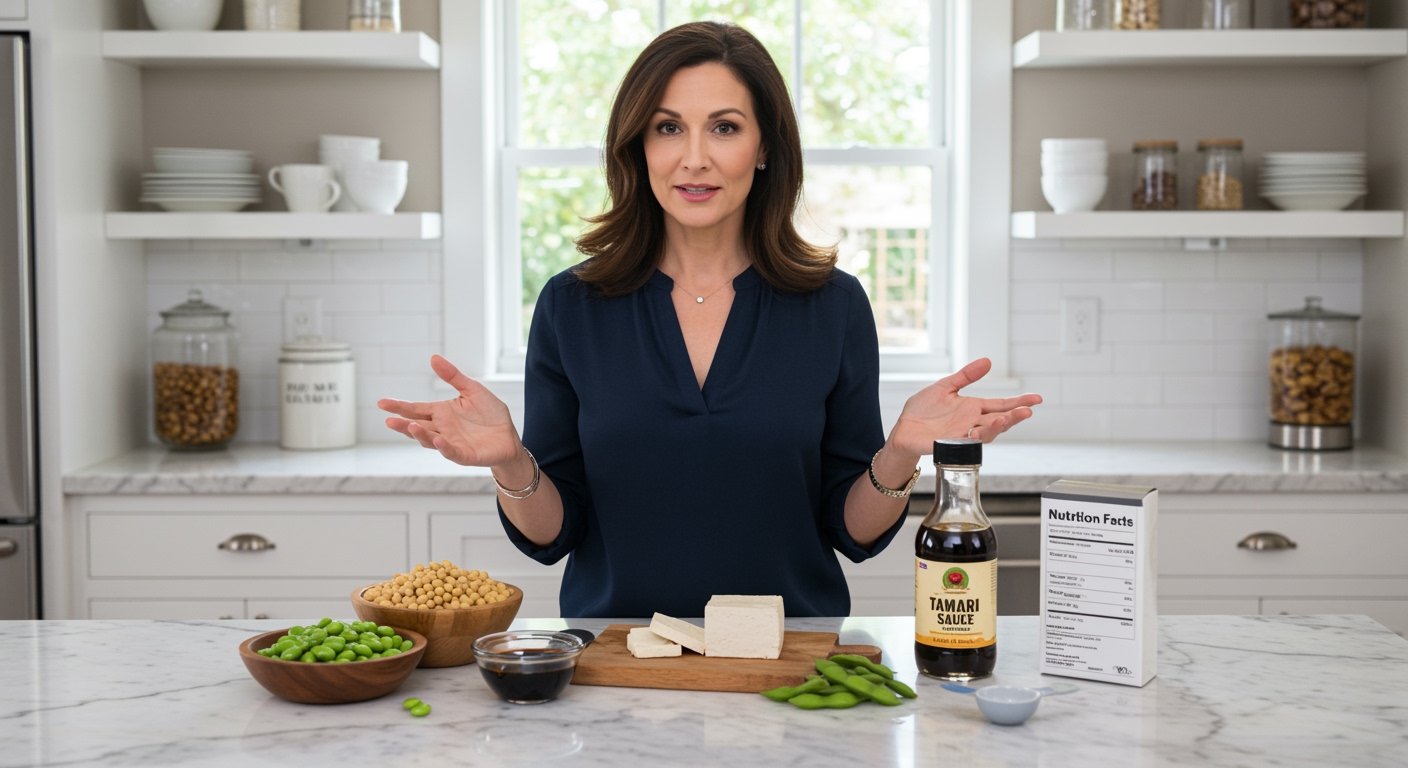 Woman standing behind marble countertop with soy sauce, soybeans, tofu and measuring tools in bright modern kitchen