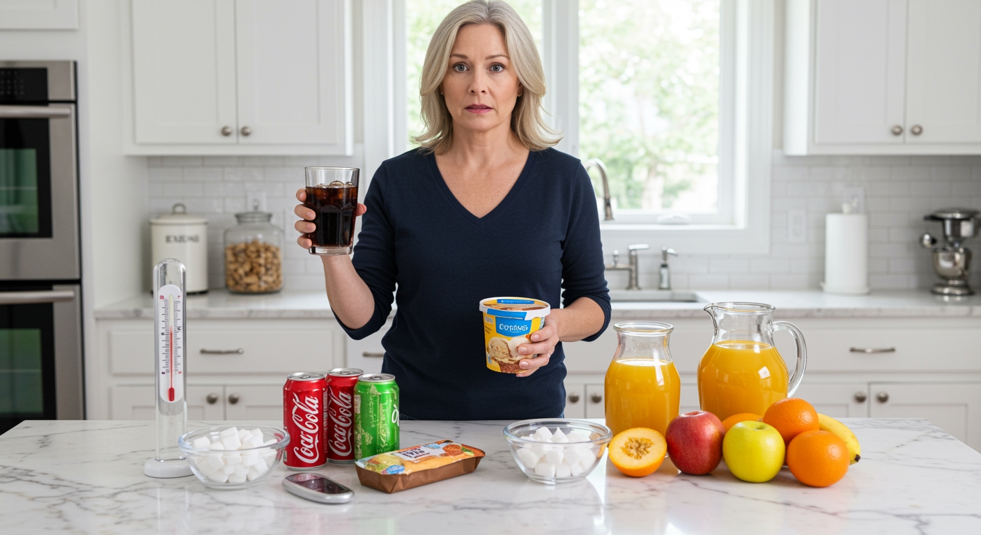 Woman holding cola and ice cream container on marble countertop with soda cans and thermometer in modern kitchen