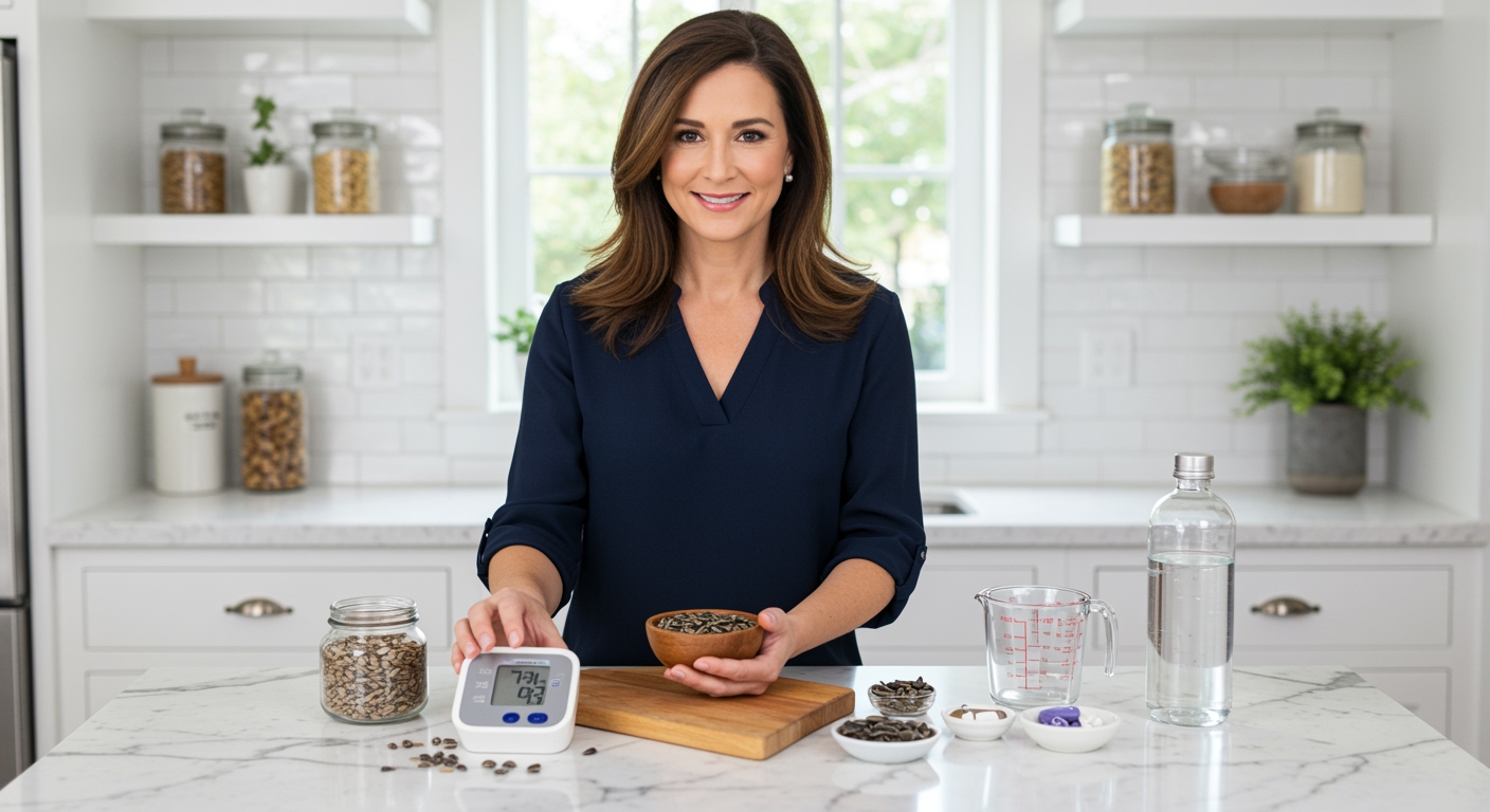 Woman holding bowl of sunflower seeds with blood pressure monitor and heart health items on marble kitchen counter